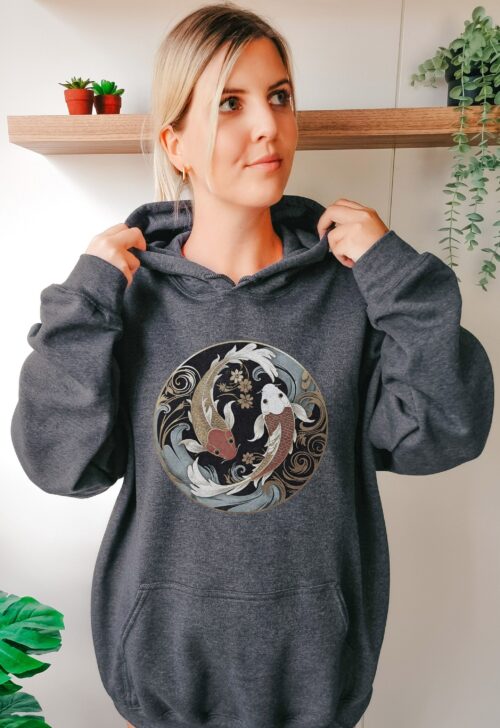 Ying Yang Koi Fish Hoodie Art Nouveau Shirt Japanese Gift Japan Lover Top Street Wear Hoody Vintage Trendy Sweater Gold Fish Chinese China