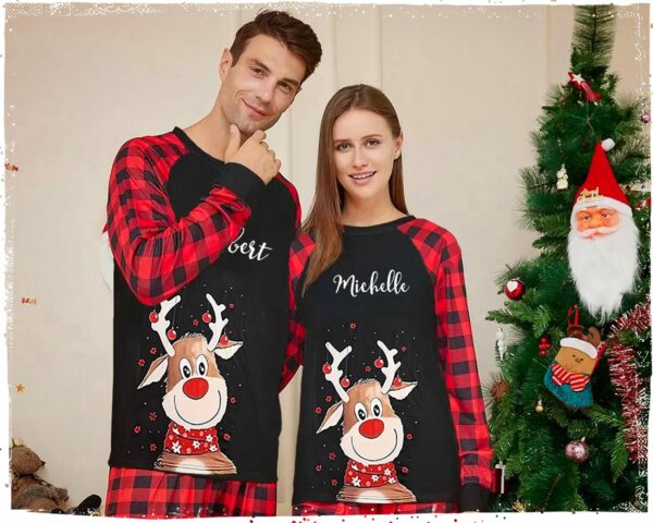 Adult Black Matching Pyjama Sets With Red-Nosed Reindeer  , Long Sleve Top & Full Length Pyjama Bottoms Xmas Pajamas