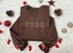 Gingerbread Men Embroidered Sweatshirt , Christmas Crewneck , Holiday Gift , Cozy Brown Sweatshirt , Festive Lounge Wear