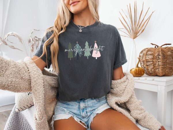 Merry And Bright Christmas Trees Shirt, Womens Holiday Tee, Cute Chic Winter Shirt, Christmas Gift For Her