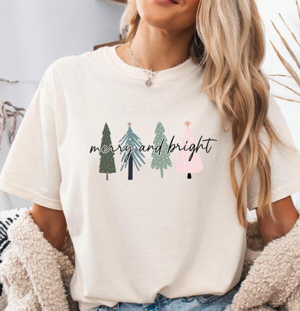 Merry And Bright Christmas Trees Shirt, Womens Holiday Tee, Cute Chic Winter Shirt, Christmas Gift For Her